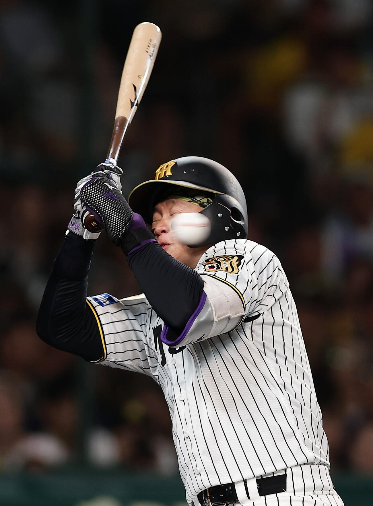 阪神対巨人　7回裏阪神1死、左手に死球を受ける森下翔太（撮影・前田充）