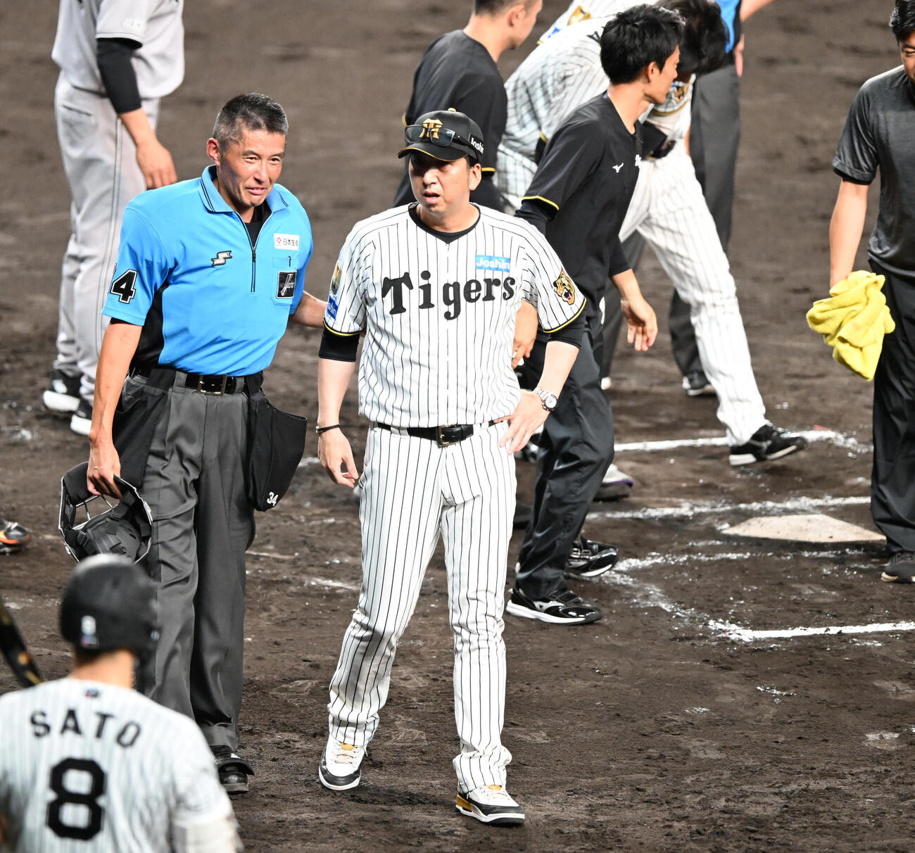 阪神対巨人　7回裏阪神1死、森下翔太（右）が死球を受け、土山球審と話す藤川球児監督（撮影・和賀正仁）
