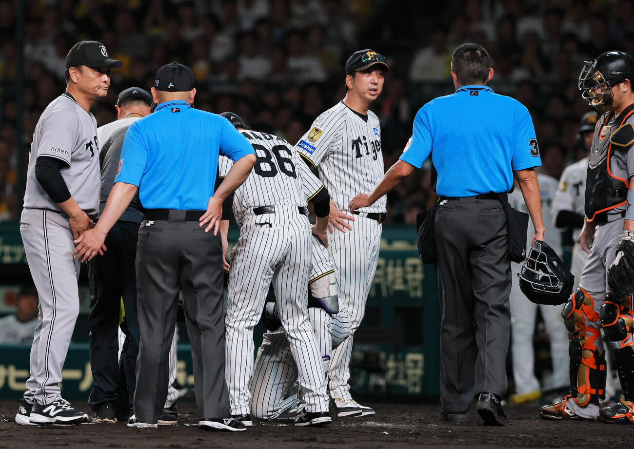 阪神対巨人　7回裏阪神1死、森下翔太が死球を当てられベンチから出る阪神藤川球児監督（右から3人目）と巨人橋上秀樹監督代行（左）（撮影・上山淳一）
