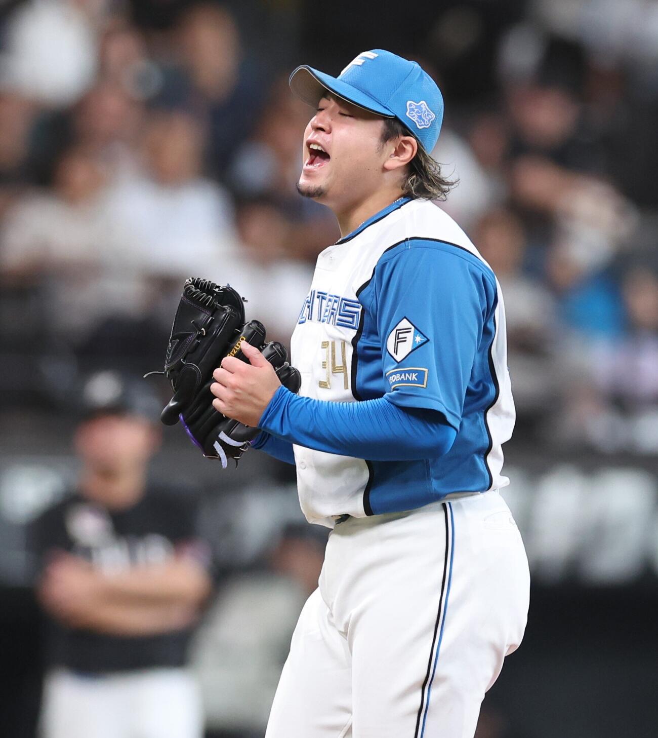 日本ハム対ロッテ　8回表ロッテ2死、ソトを三振に仕留めほえる堀瑞輝（撮影・黒川智章）
