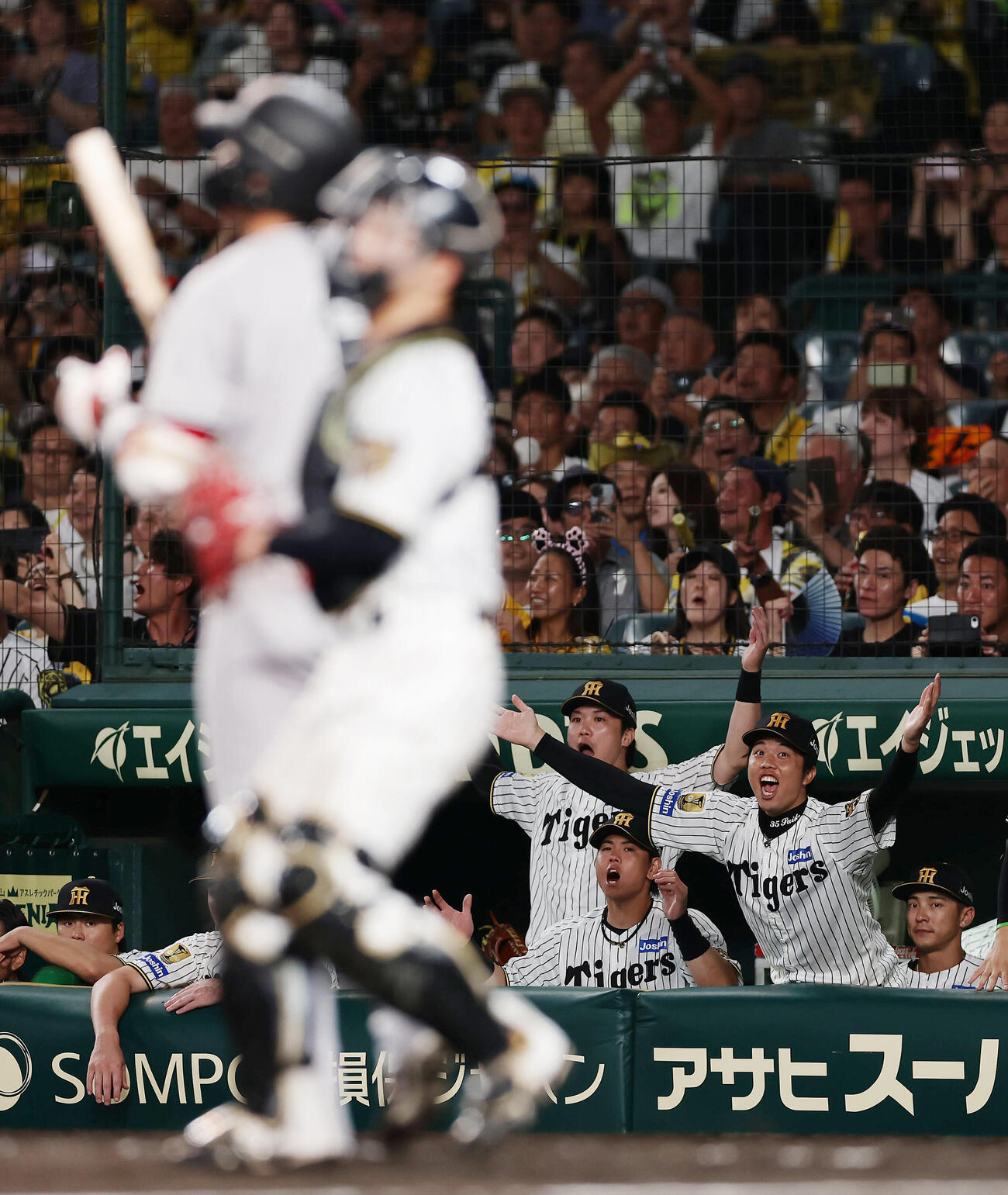 阪神対巨人　9回表巨人2死一、二塁、代打坂本勇人の判定が四球となり、両手を広げて驚く才木浩人（右から2人目）ら（撮影・前田充）