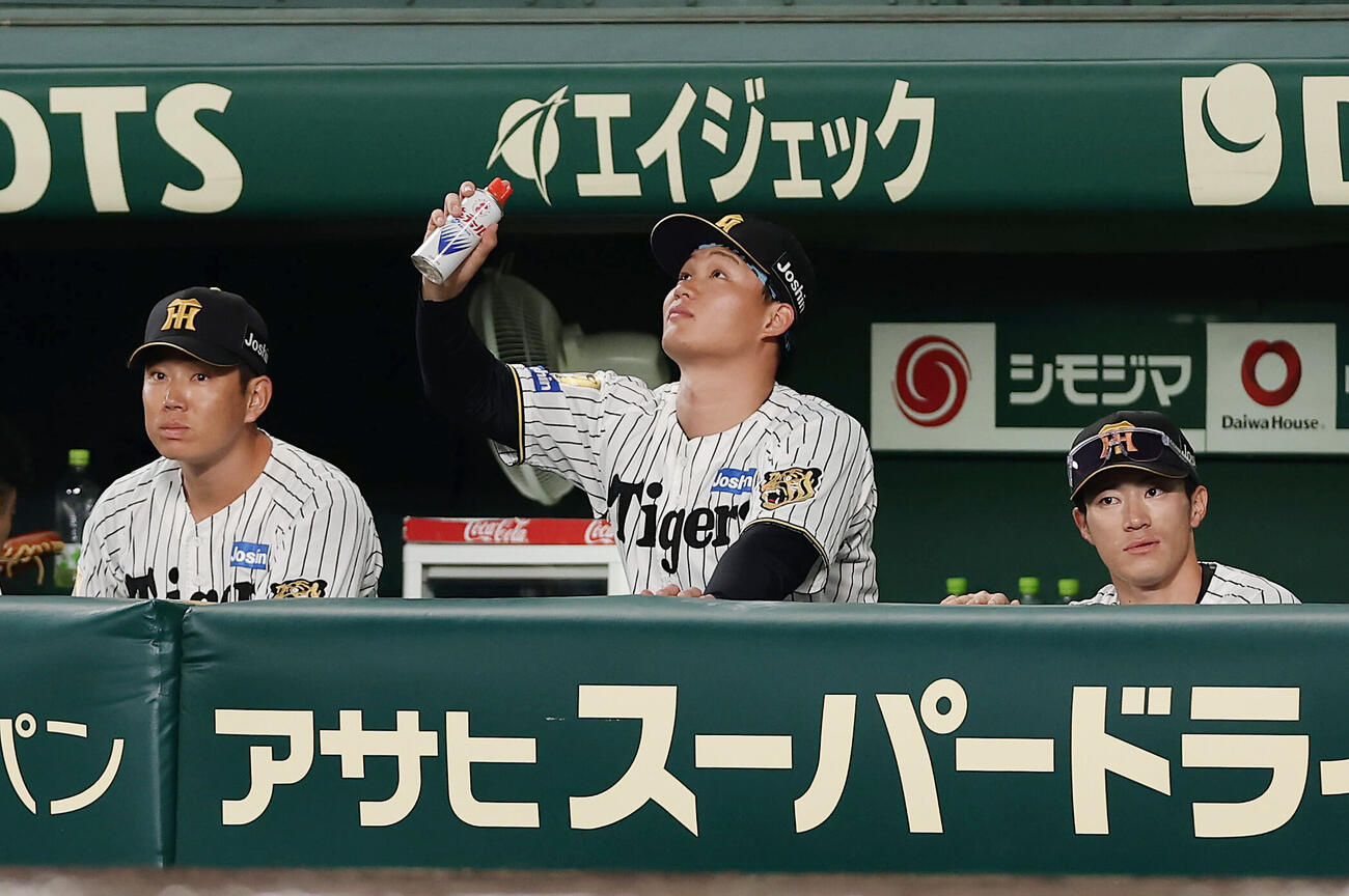 阪神対巨人　3回裏、ベンチで虫よけスプレーをまく阪神森下翔太（中央）（撮影・前田充）