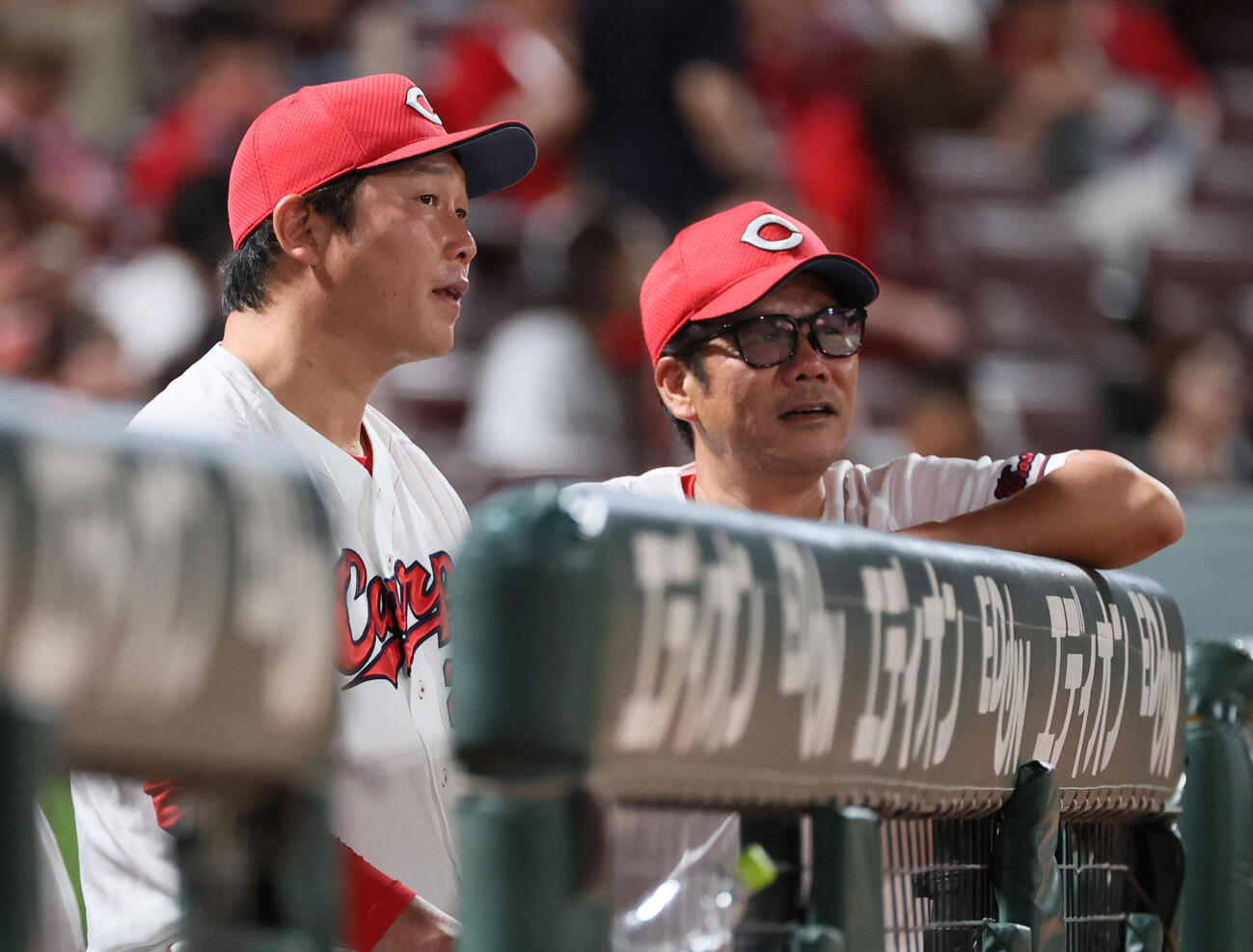 広島対ヤクルト　8回裏広島、ベンチで話し合う新井貴浩監督（左）と藤井彰人ヘッドコーチ（撮影・加藤孝規）