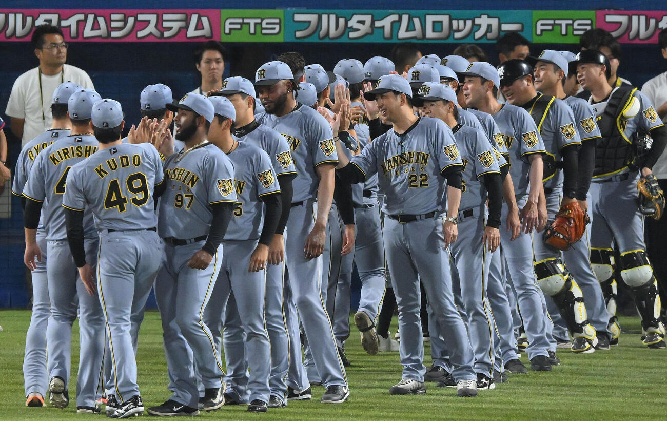 ヤクルト対阪神　試合に勝利し選手とタッチを交わす阪神藤川球児監督（中央右）（撮影・滝沢徹郎）