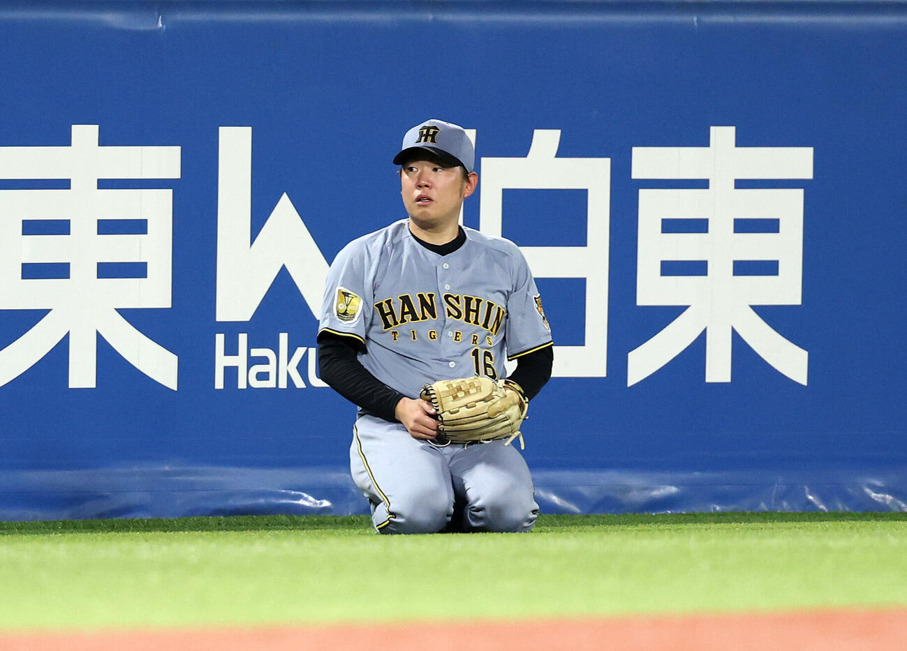 ヤクルト対阪神　4回表阪神2死、ディベイニーの邪飛を捕り座り込む西勇輝（撮影・鈴木正人）