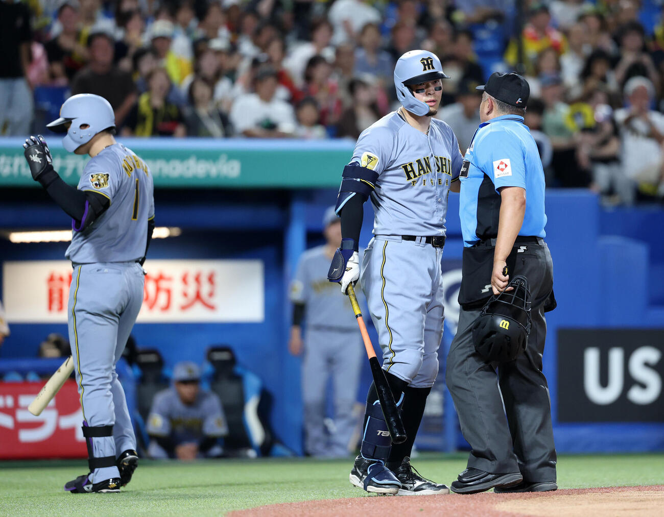 ヤクルト対阪神　6回表阪神1死、森下翔太（左）と審判の間に入る佐藤輝明（撮影・鈴木正人）