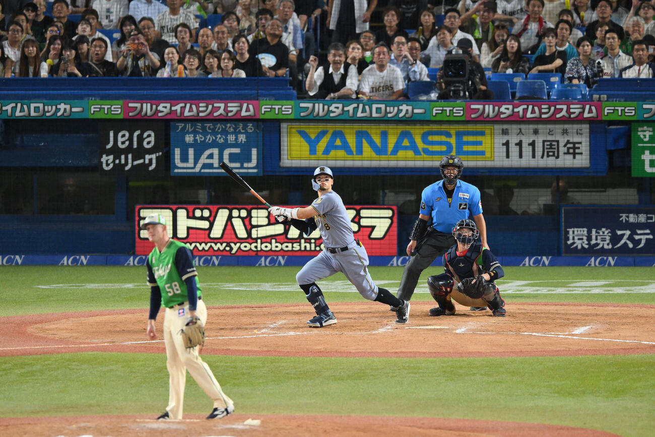 ヤクルト対阪神　9回表阪神2死、佐藤輝明はソロ本塁打を放つ。投手ナッシュ・ウォルターズ（撮影・滝沢徹郎）