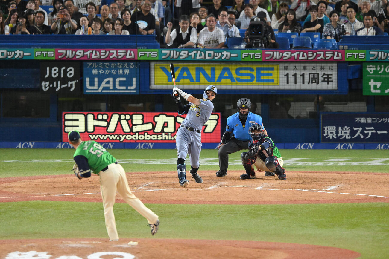 ヤクルト対阪神　9回表阪神2死、佐藤輝明はソロ本塁打を放つ。投手ナッシュ・ウォルターズ（撮影・滝沢徹郎）