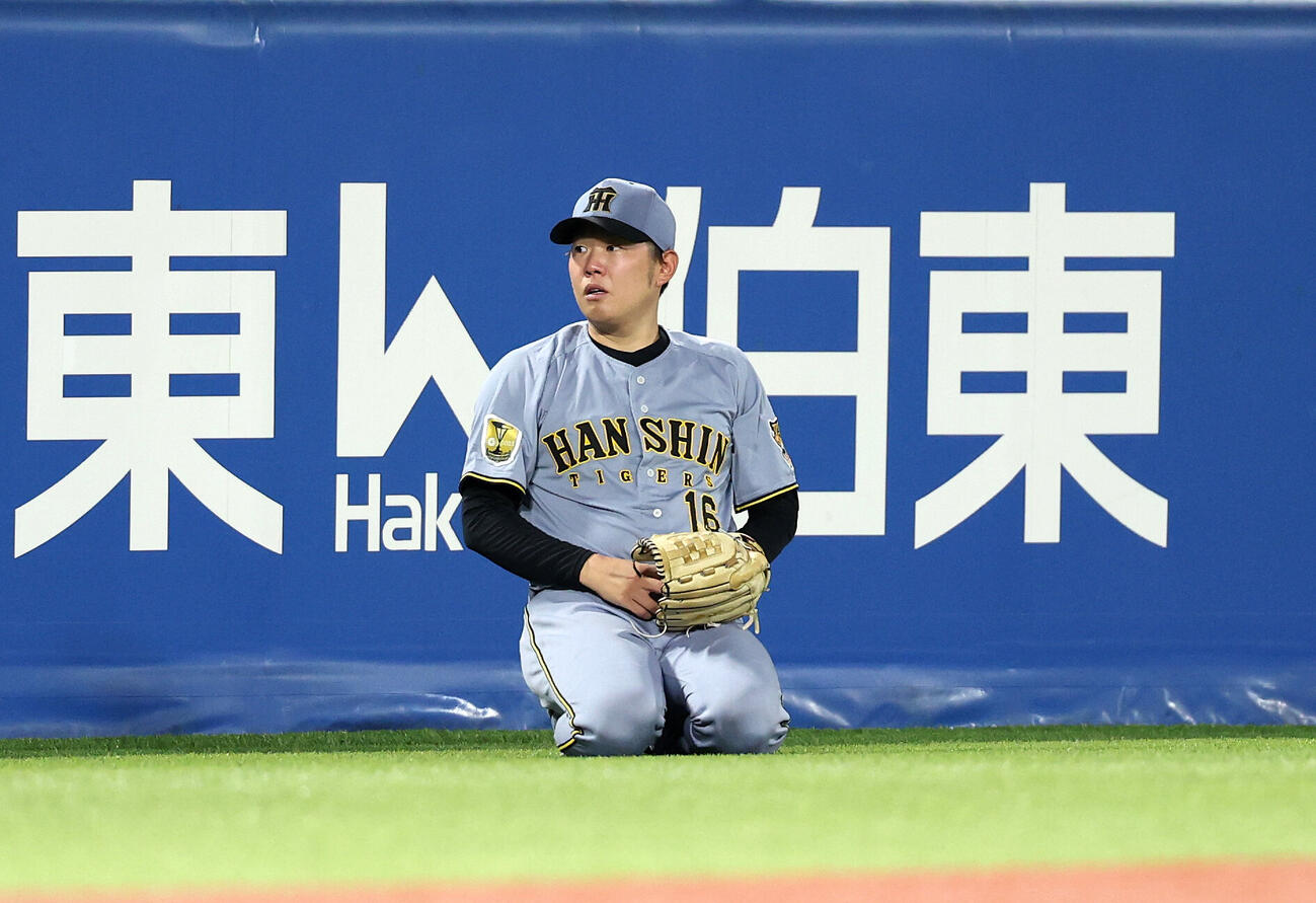 ヤクルト対阪神　4回表阪神2死、ディベイニーの邪飛を捕り座り込む西勇輝（撮影・鈴木正人）