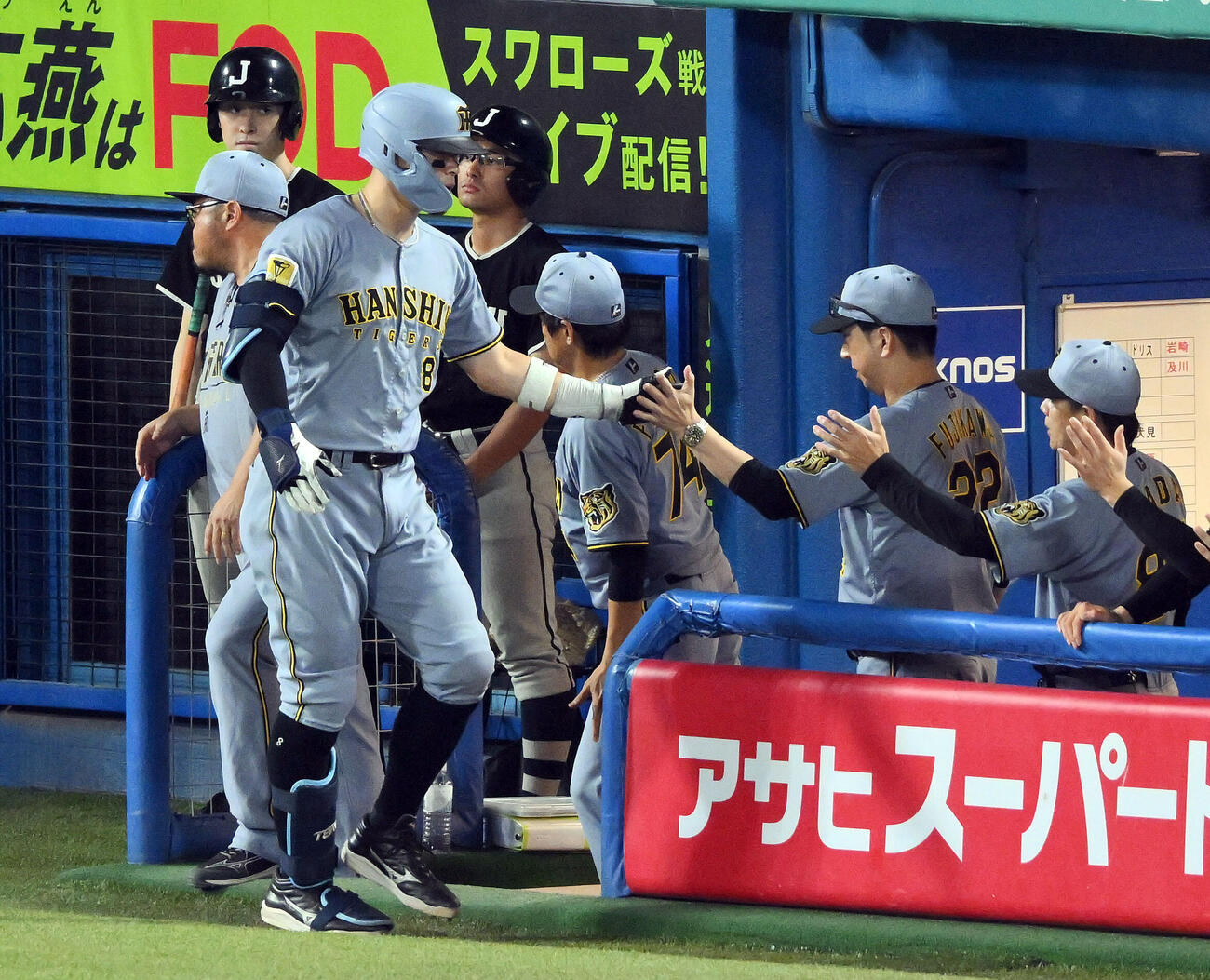 ヤクルト対阪神　9回表阪神2死、ソロ本塁打を放った佐藤輝明（左手前）は生還し藤川球児監督とタッチを交わす（撮影・滝沢徹郎）