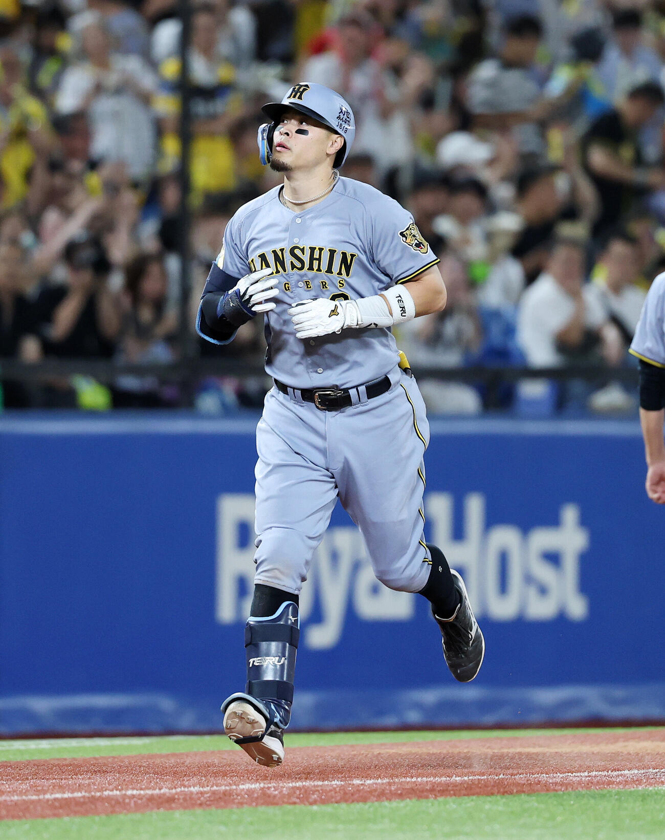 ヤクルト対阪神　3回表阪神2死、佐藤輝明はソロ本塁打を放ちポーズを決める（撮影・鈴木正人）