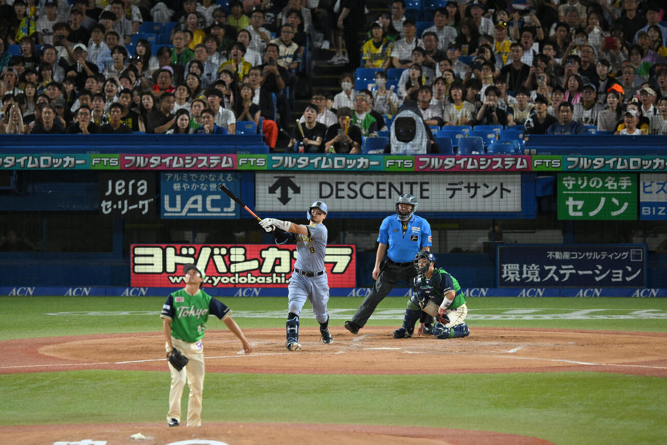 ヤクルト対阪神　3回表阪神2死、佐藤輝明はソロ本塁打を放つ。投手増居翔太（撮影・滝沢徹郎）