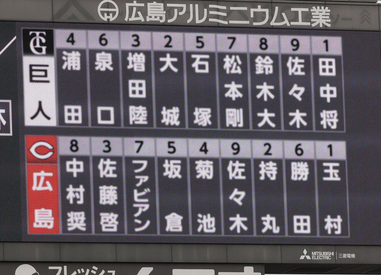広島対巨人　両軍スタメン（撮影・加藤孝規）