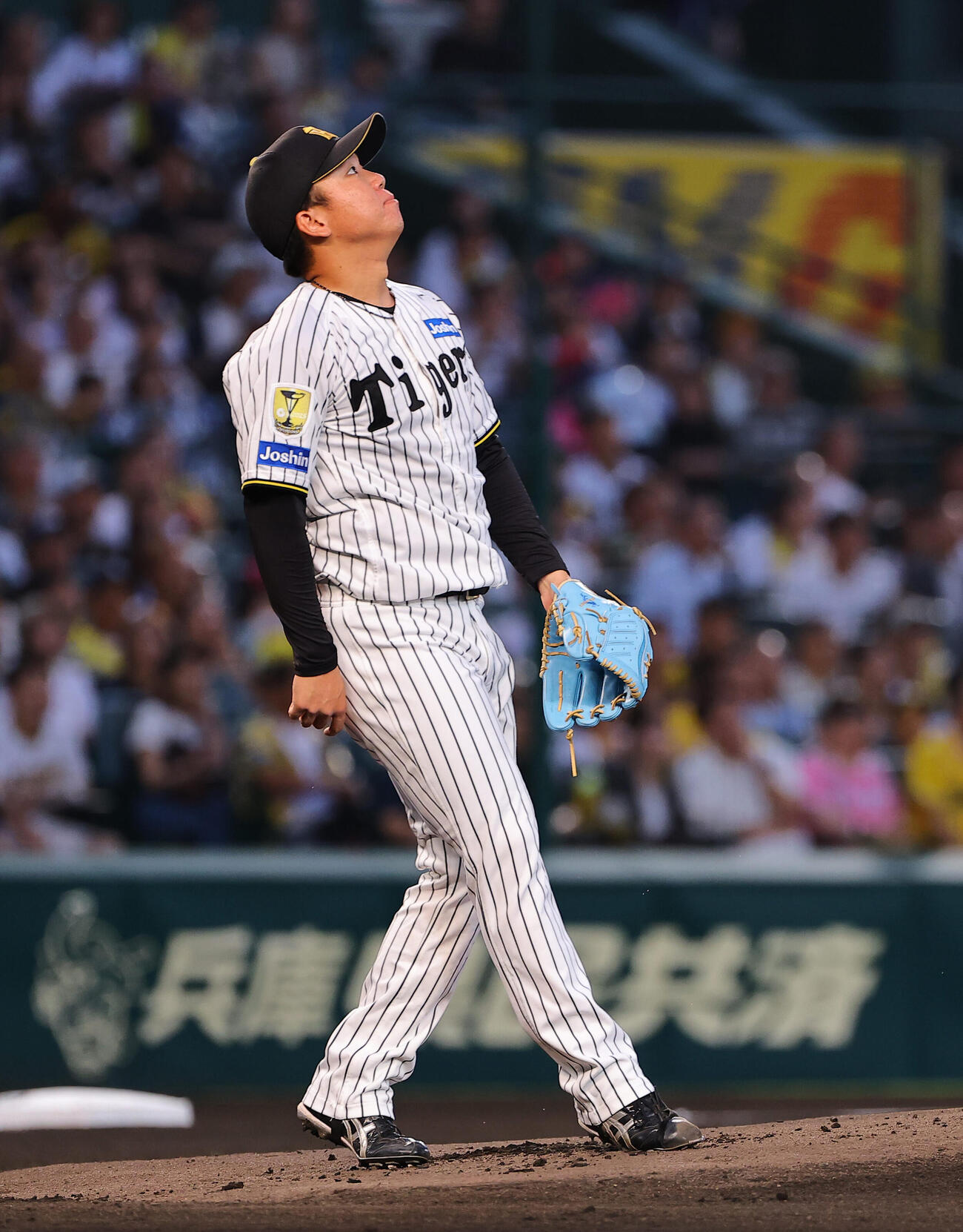 阪神対DeNA 1回表DeNA1死満塁、村上頌樹は宮崎敏郎の先制2点適時二塁打の打球を見つめる（撮影・上田博志）