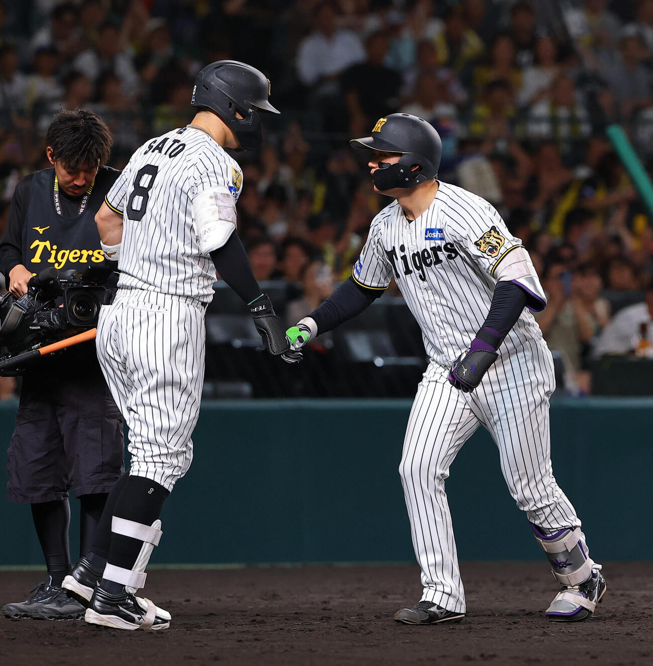 阪神対DeNA 4回裏阪神無死、ソロ本塁打を放った森下翔太（右）は佐藤輝明と喜び合う（撮影・上田博志）