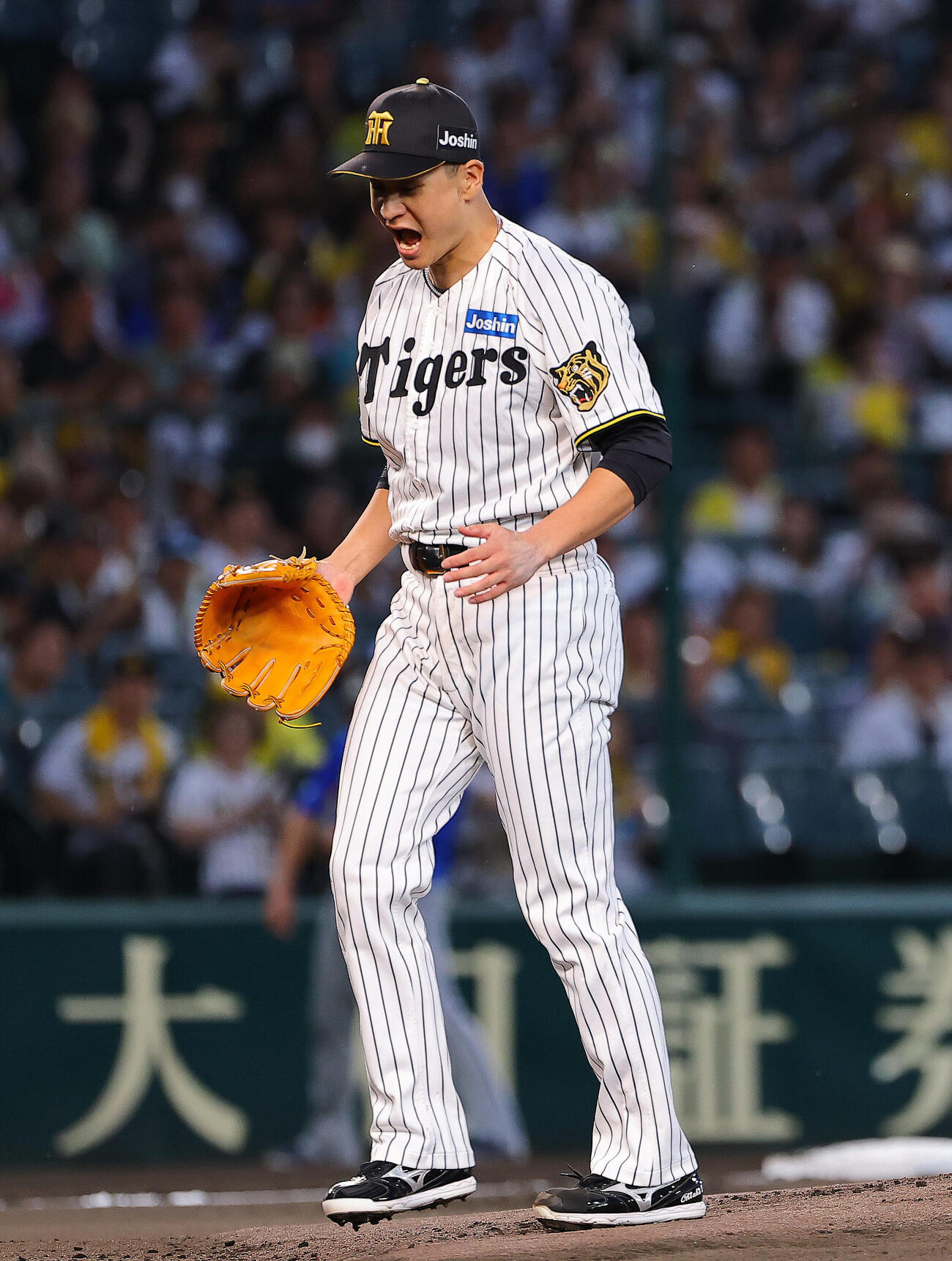 阪神対DeNA 1回表DeNA2死三塁、ヘラル・エンカーナシオンから三振を奪い雄たけびを上げる大竹耕太郎（撮影・上田博志）