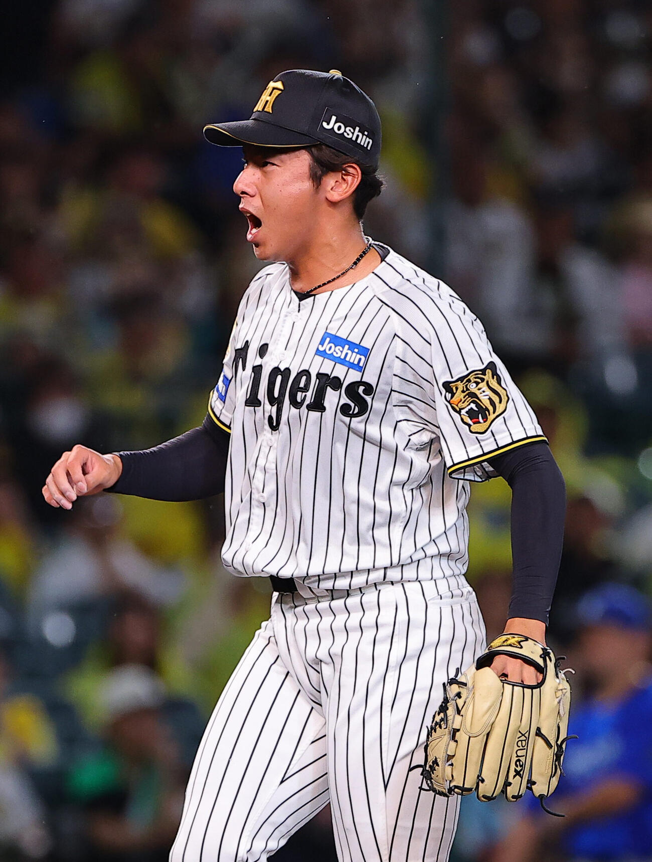 阪神対DeNA 3回表DeNA2死一、二塁、宮下朝陽から三振を奪い雄たけびを上げる神宮僚介（撮影・上田博志）