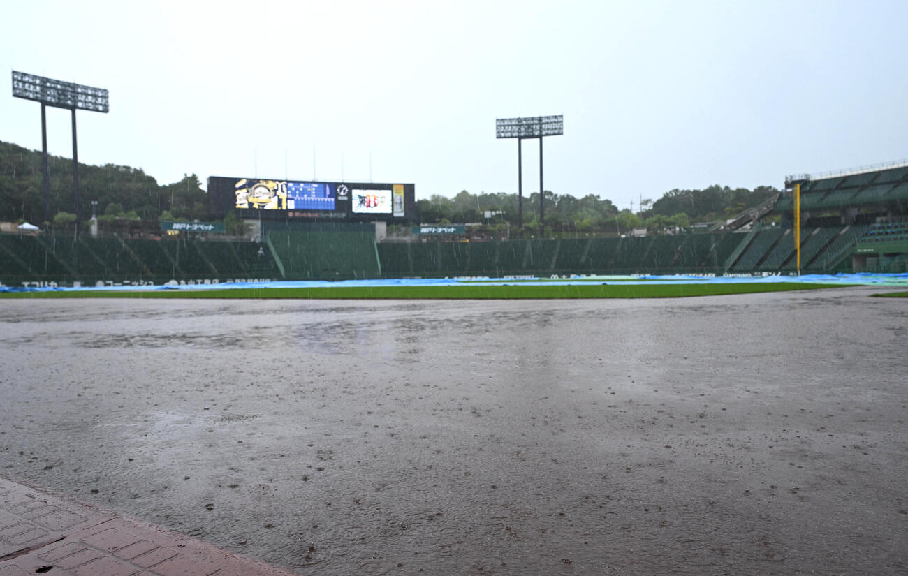 雨が降るほっともっとフィールド神戸のグラウウド（撮影・石井愛子）