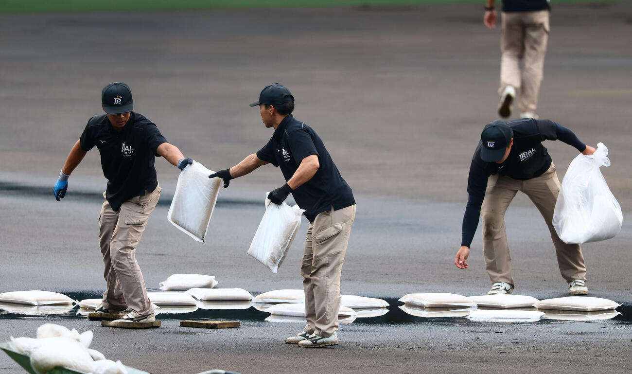 阪神対広島　水たまりの雨水を給水マットに吸い取って回収する阪神園芸のグラウンドキーパー（撮影・加藤哉）