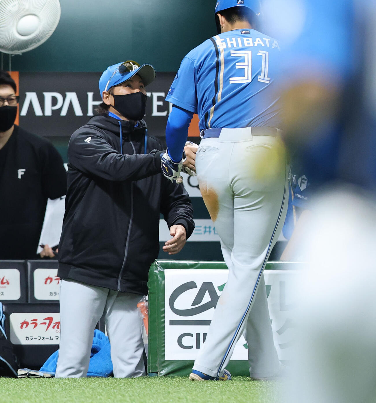 ソフトバンク日本ハム　2回表日本ハム1死二、三塁、田宮裕涼の二ゴロの間に同点のホームを踏んだ柴田獅子を迎える新庄剛志監督（撮影・梅根麻紀）
