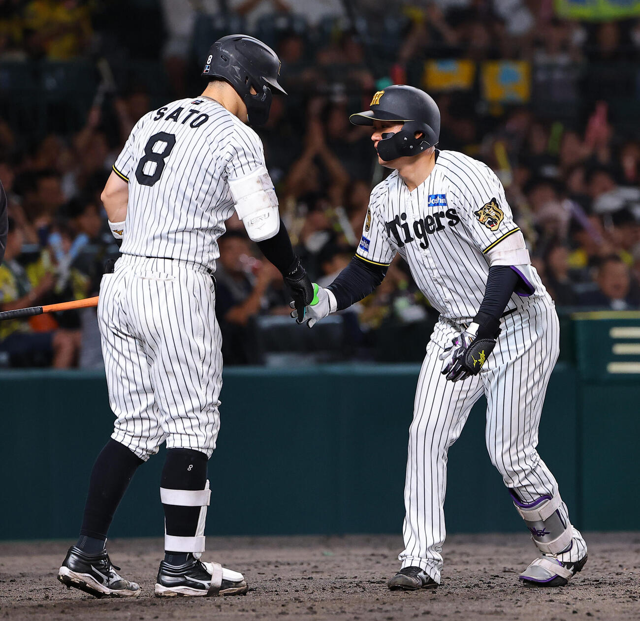 阪神対広島　9回裏阪神1死、ソロ本塁打を放った森下翔太（右）は佐藤輝明と喜び合う（撮影・上田博志）