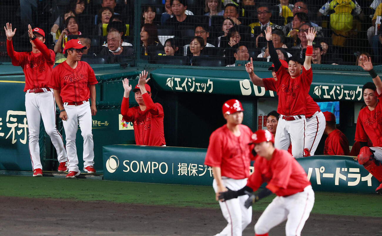 阪神対広島　7回表広島1死一、二塁、菊池涼介の左線適時二塁打にベンチで拍手を来る新井貴浩監督（撮影・加藤哉）