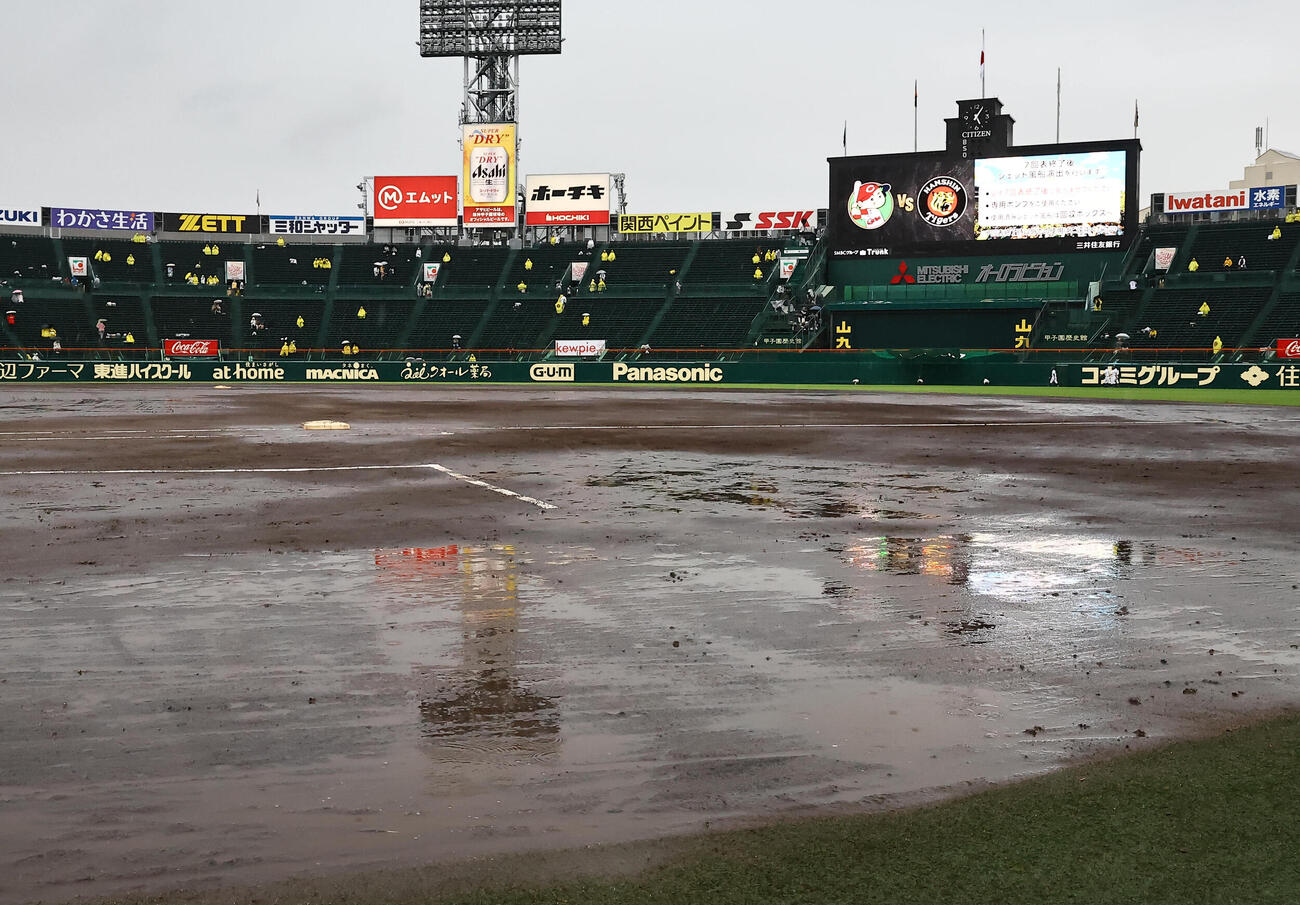 阪神対広島　突然の雨で水が浮く甲子園球場のグラウンド（撮影・上田博志）