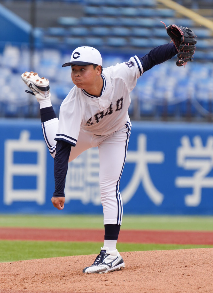 中大対青学大　中大先発の子安秀弥（撮影・小沢裕）　♯東京・神宮球場　東都大学野球秋季一部リーグ戦　＝2026年9月10日