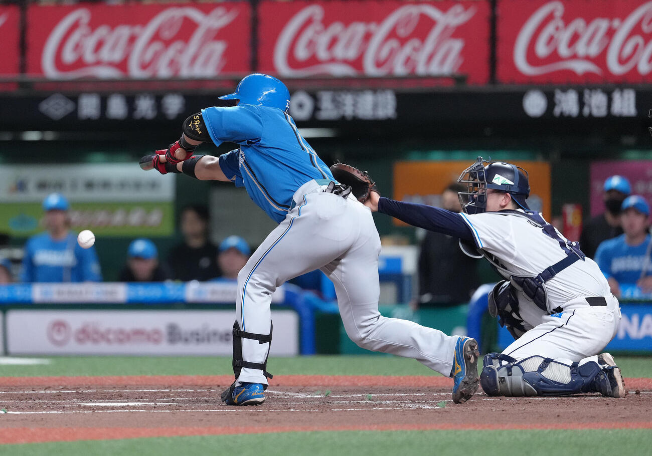 西武対日本ハム　2回表日本ハム1死二、三塁、進藤勇也は2ランスクイズを決める（撮影・足立雅史）