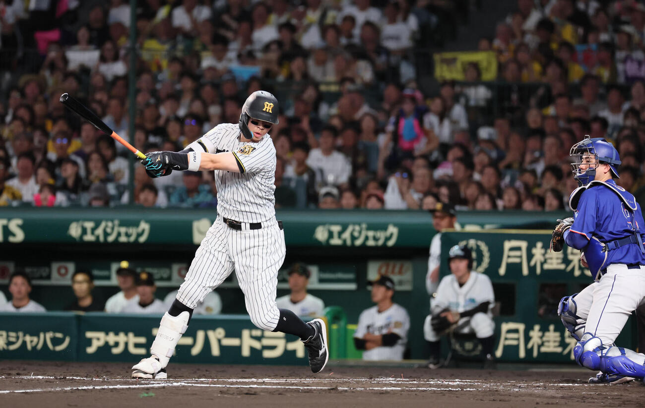 阪神対中日　2回裏阪神無死、佐藤輝明は空振り三振に倒れる（撮影・宮崎幸一）