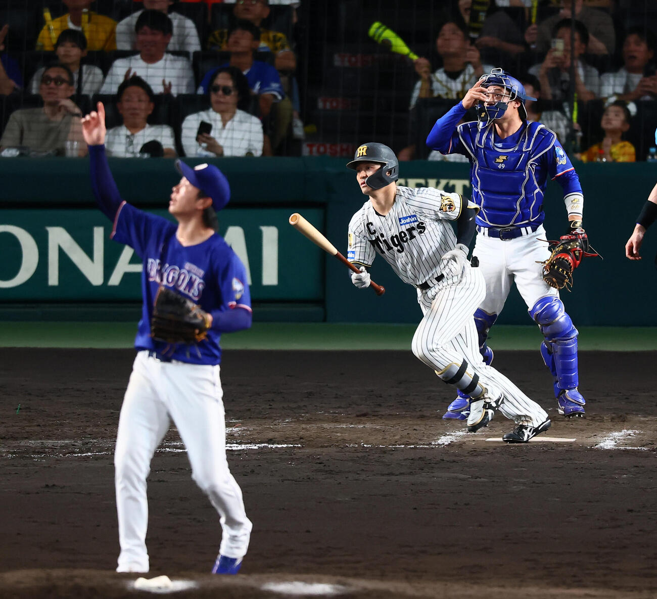 阪神対中日　9回裏阪神2死満塁、右飛を打ち上げた坂本誠志郎。投手高橋宏斗（撮影・加藤哉）