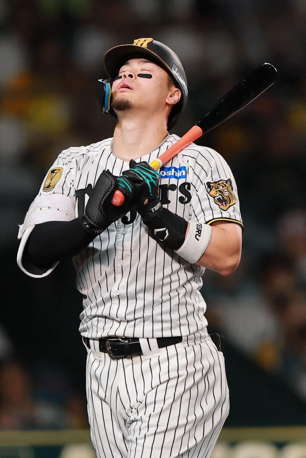 阪神対中日　11回裏阪神1死、佐藤輝明は空振り三振に倒れ落胆する（撮影・上山淳一）