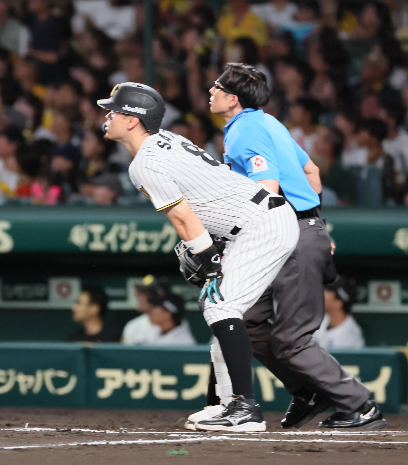 阪神対中日　2回裏阪神無死、佐藤輝明は右翼ポール際へ打球を放ち、行方を見つめる（撮影・宮崎幸一）