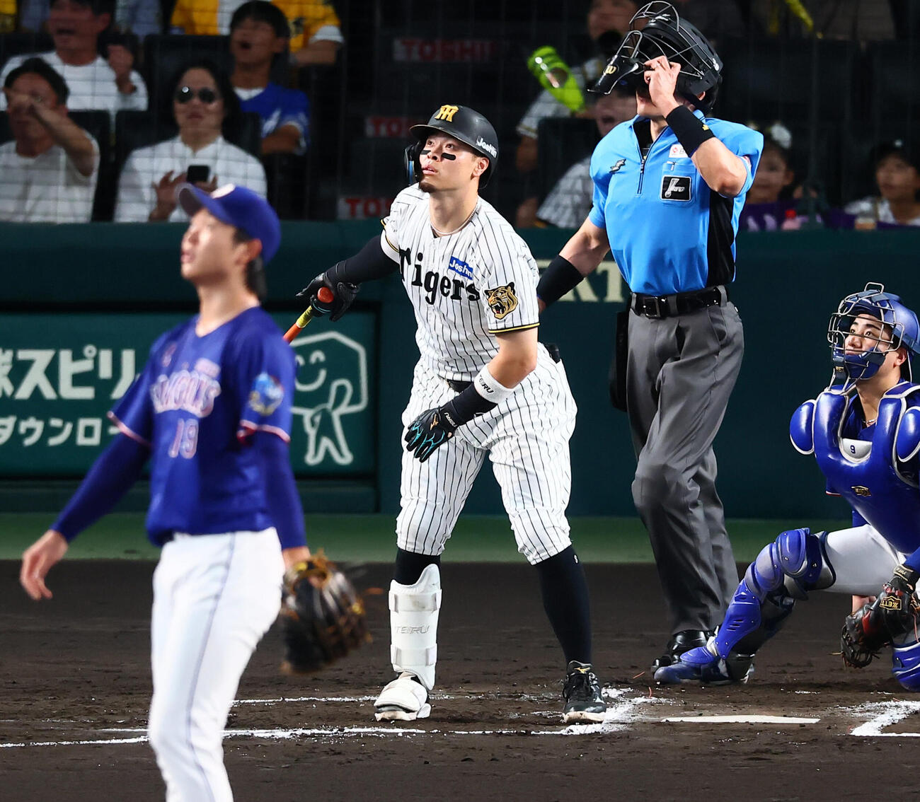 阪神対中日　2回裏阪神無死、佐藤輝明はファウルを打ち打球の行方を見る。投手高橋宏斗（撮影・加藤哉）
