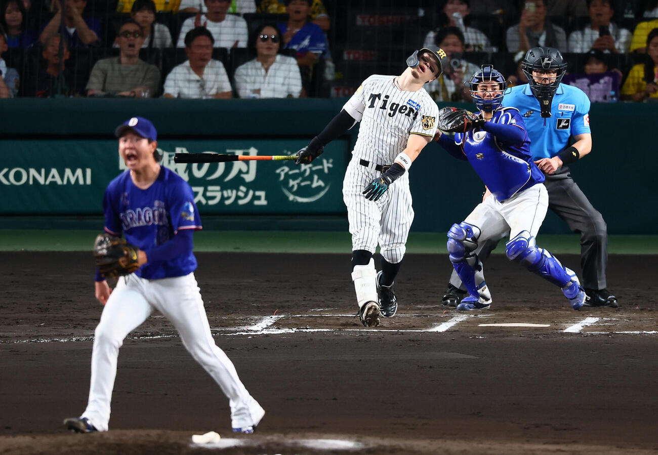 阪神対中日　7回裏阪神無死、佐藤輝明は三振に倒れる。投手高橋宏斗（撮影・加藤哉）
