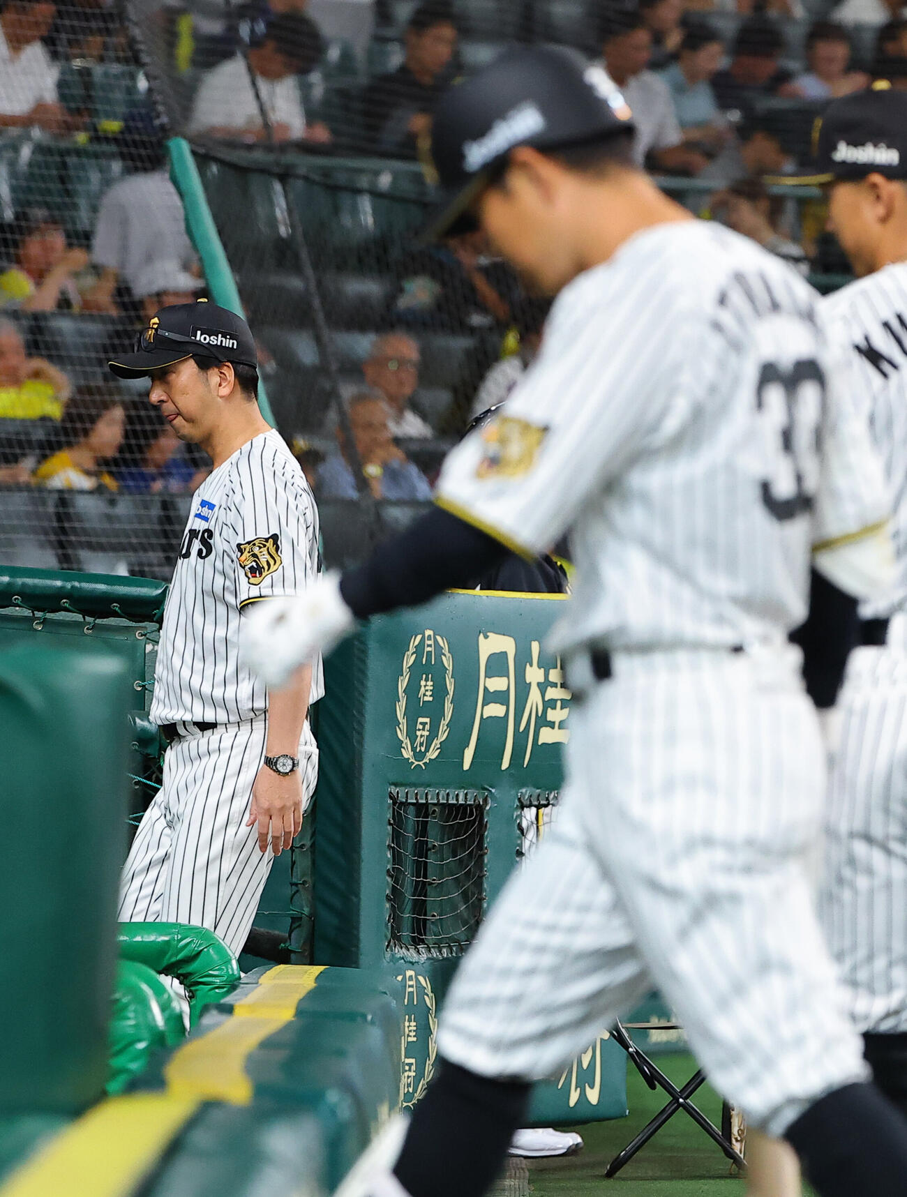 阪神対中日　選手交代を告げベンチに引き揚げる藤川球児監督（左）と併殺打に倒れた糸原健斗（撮影・上田博志）