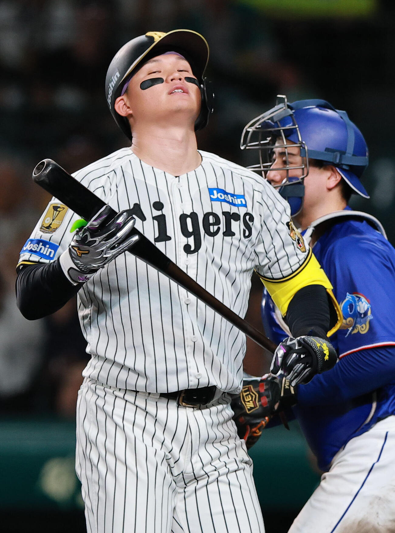 阪神対中日　9回裏阪神1死一、二塁、森下翔太は見逃し三振に倒れ落胆する（撮影・上山淳一）