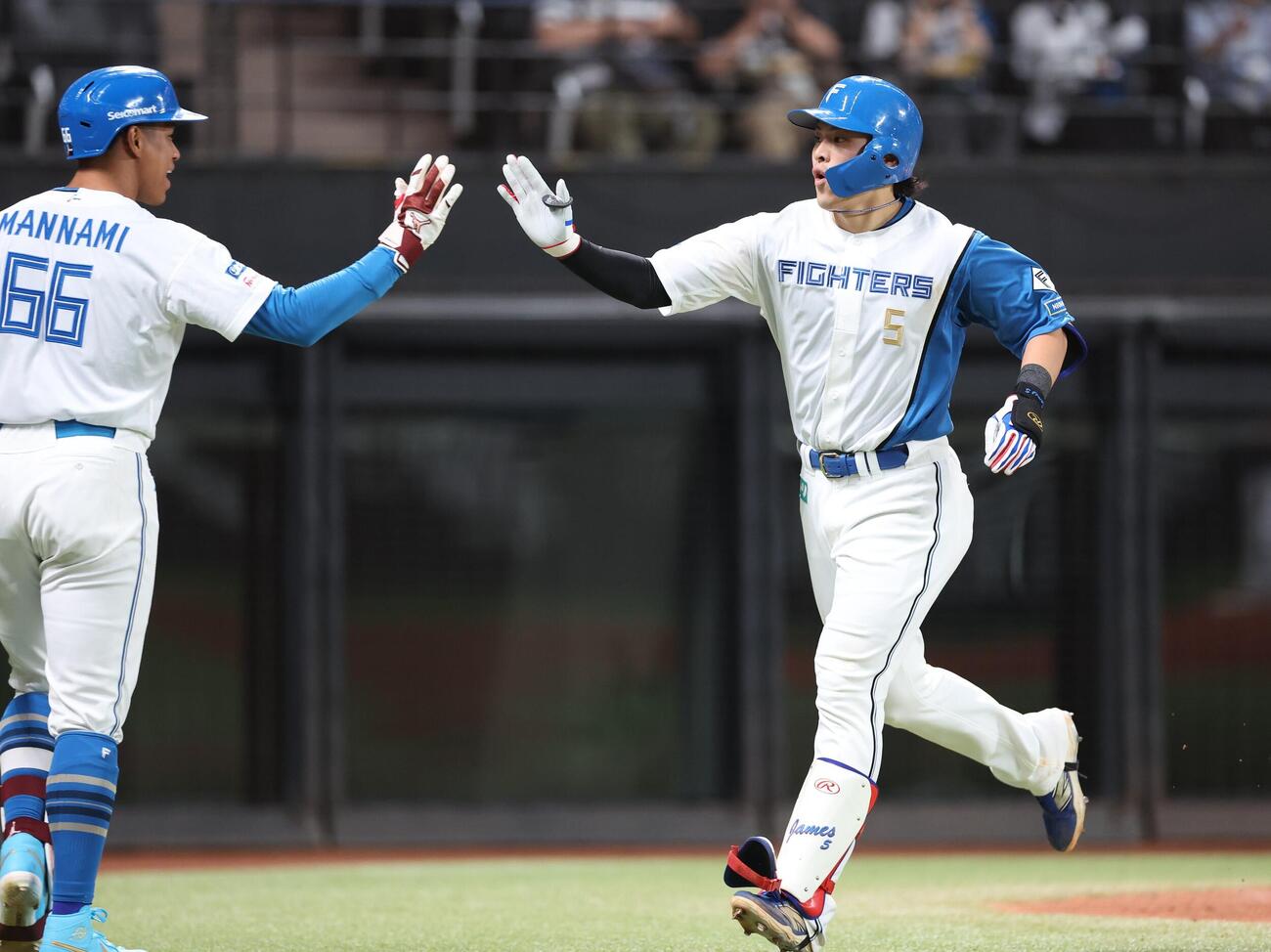 日本ハム対西武　6回裏日本ハム1死、本塁打を放ち万波中正（左）とタッチする野村佑希（撮影・黒川智章）