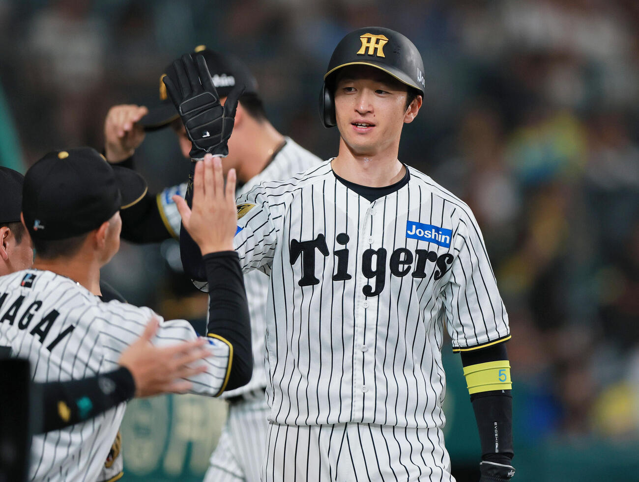阪神対広島　2回裏阪神2死一、三塁、森下翔太の適時打で生還し、祝福を受ける三走近本光司（撮影・上山淳一）
