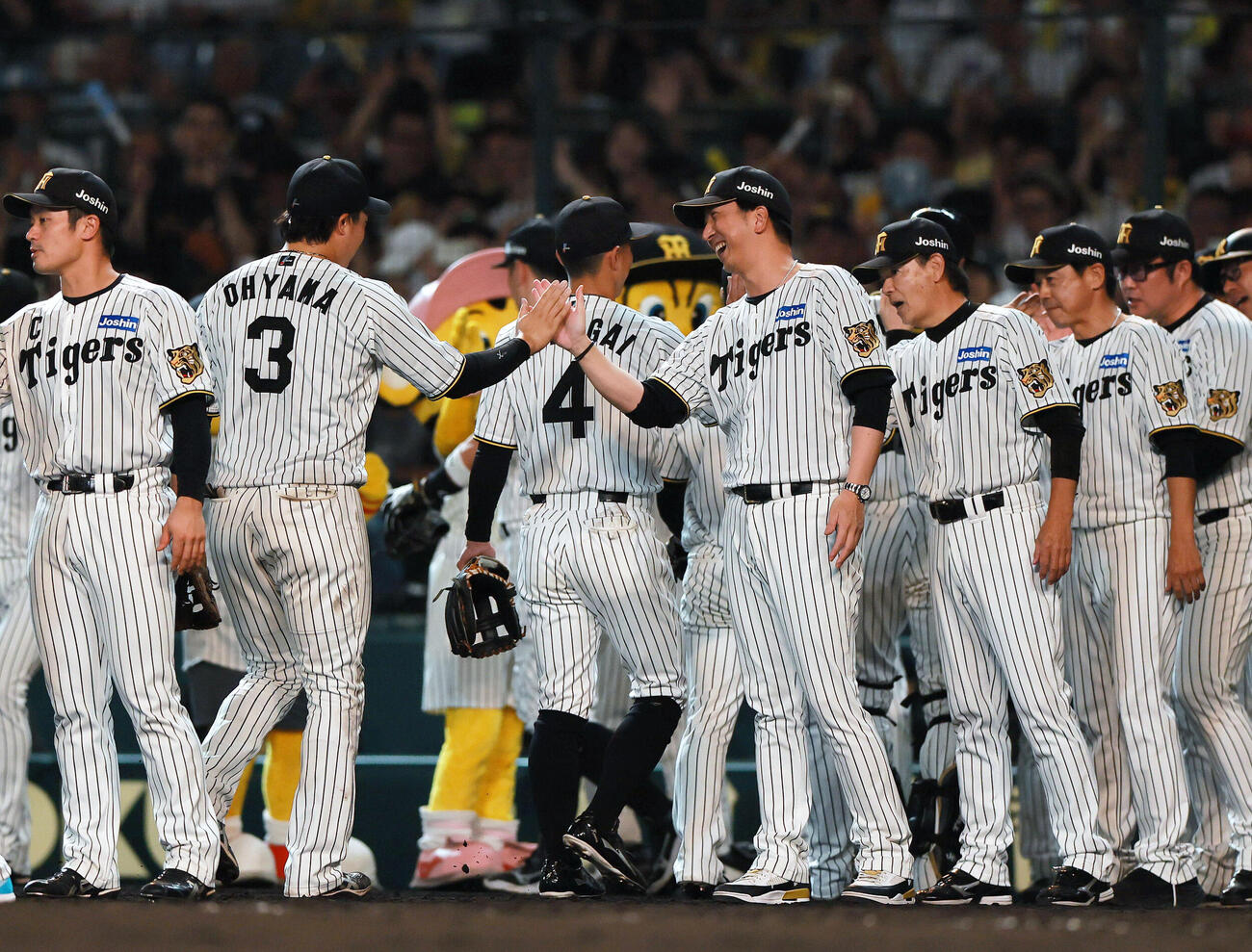阪神対広島　広島に勝利した藤川球児監督（中央）はベンチ前でナインとタッチをかわす（撮影・上山淳一）