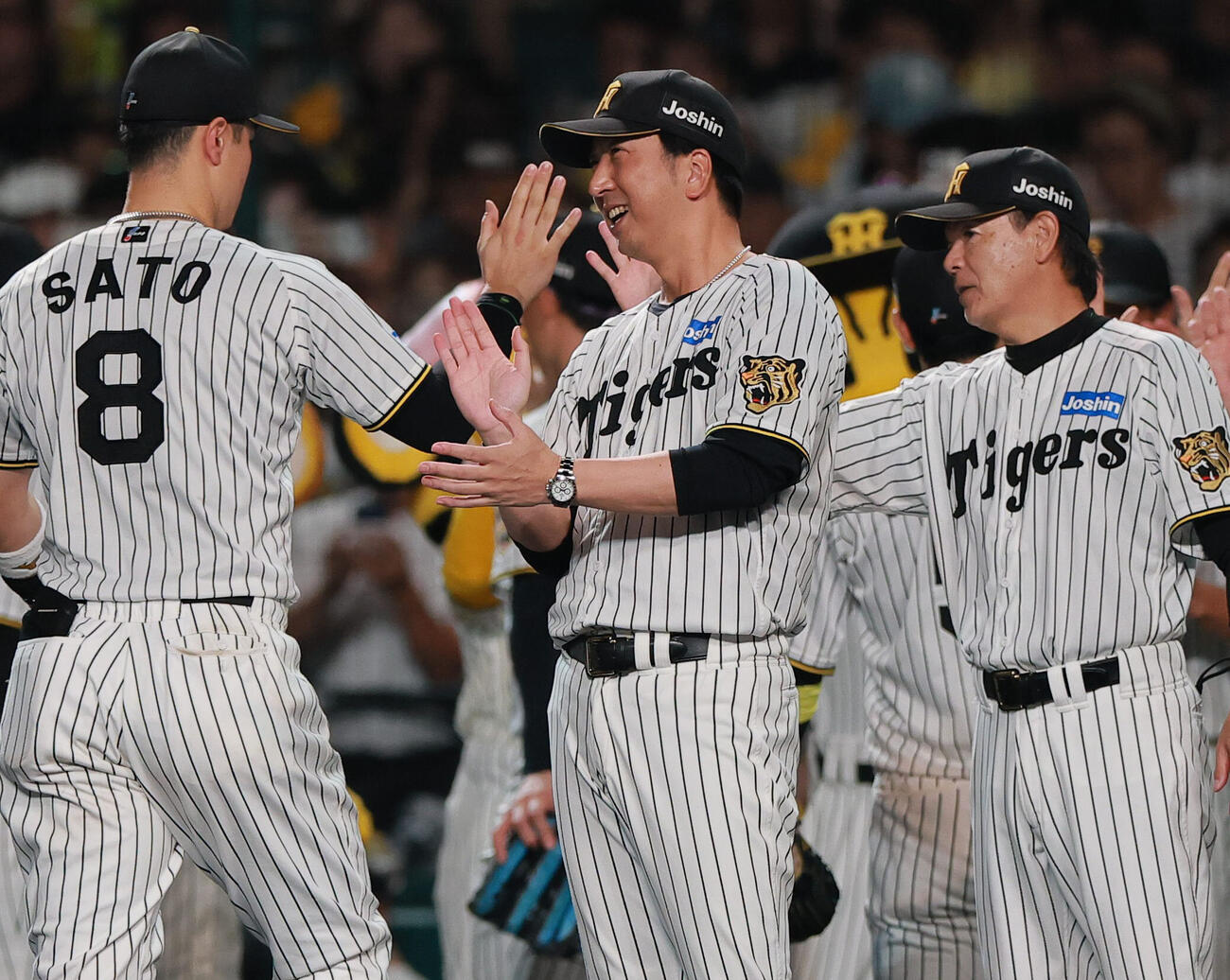 阪神対広島　広島に勝利した藤川球児監督（中央）はベンチ前でナインとタッチをかわす（撮影・上山淳一）
