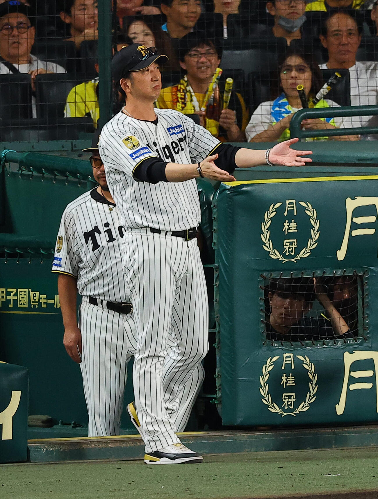 阪神対DeNA 2回裏阪神1死一、二塁、元山飛優のアウトの判定にリクエストを要求する藤川球児監督（撮影・上田博志）