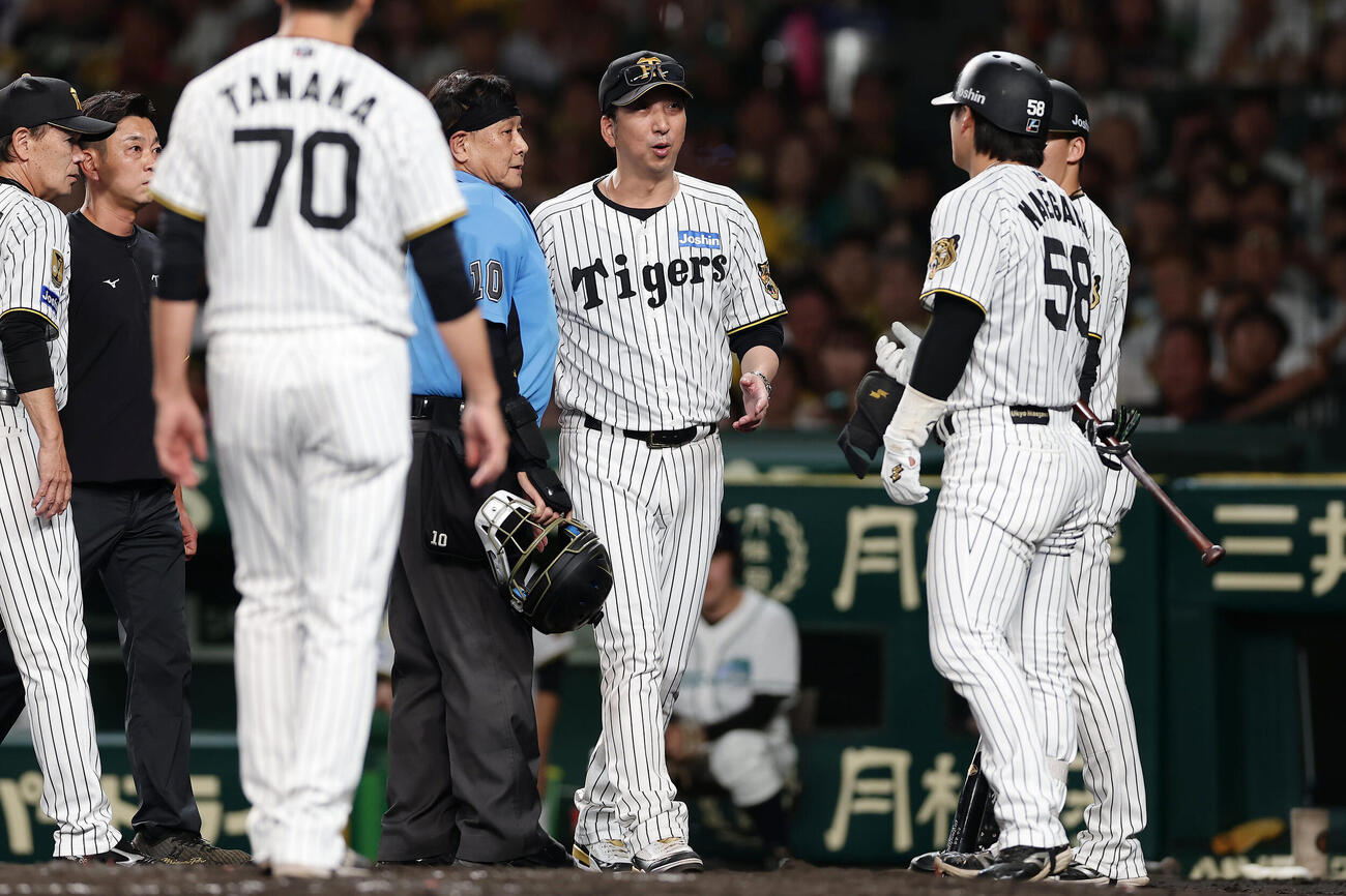 阪神対DeNA 3回裏阪神2死二、三塁、前川右京への死球についてベンチを出て確認する藤川球児監督（中央右）（撮影・前田充）