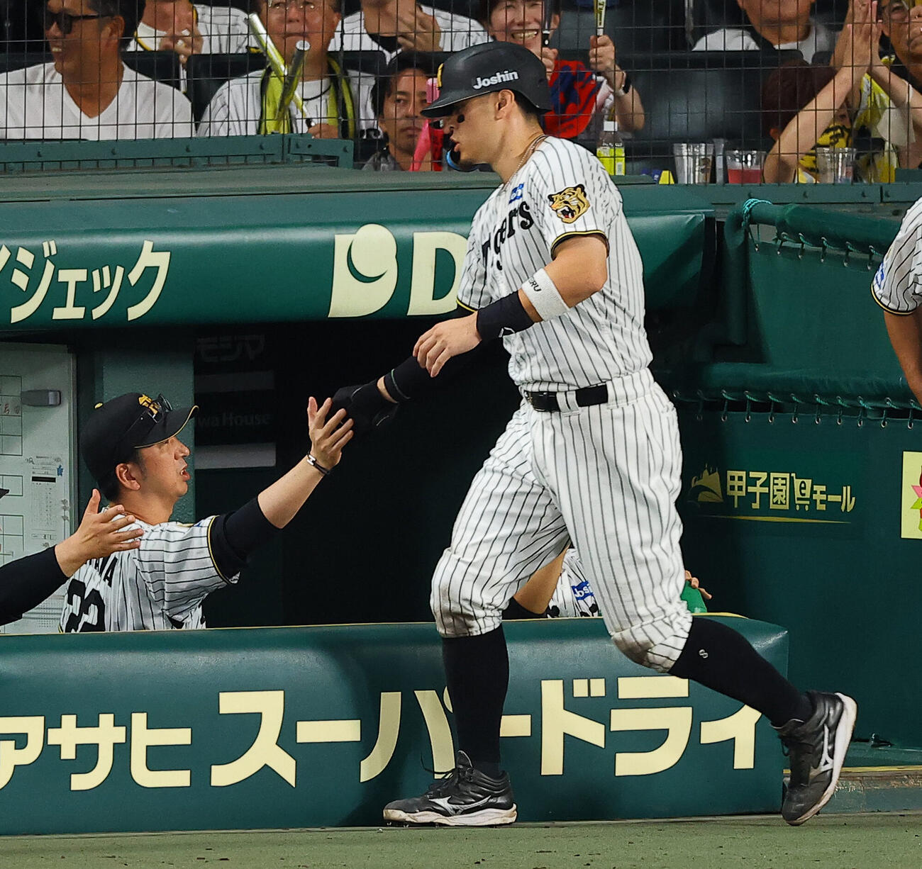阪神対DeNA 5回裏阪神1死三塁、前川右京の中犠飛で生還した佐藤輝明（右）を出迎える藤川球児監督（撮影・上田博志）
