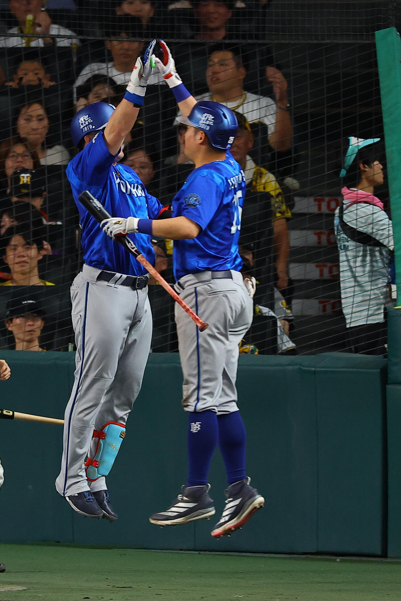 阪神対DeNA 8回表DeNA1死、本塁打を放った牧秀悟（左）は筒香嘉智とハイタッチをする（撮影・上田博志）