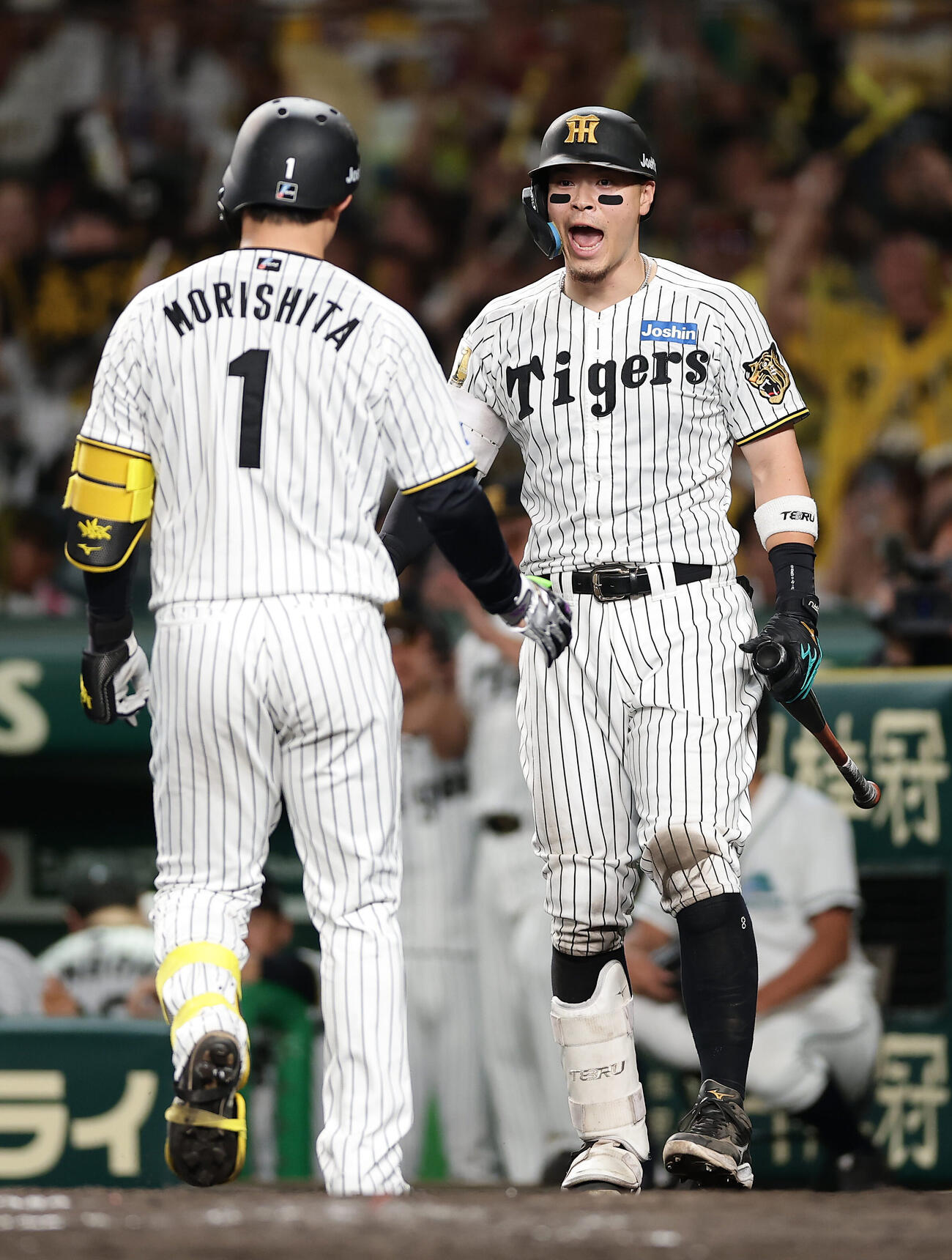 阪神対DeNA 8回裏阪神無死、本塁打を放った森下翔太（左）を迎える佐藤輝明（撮影・前田充）