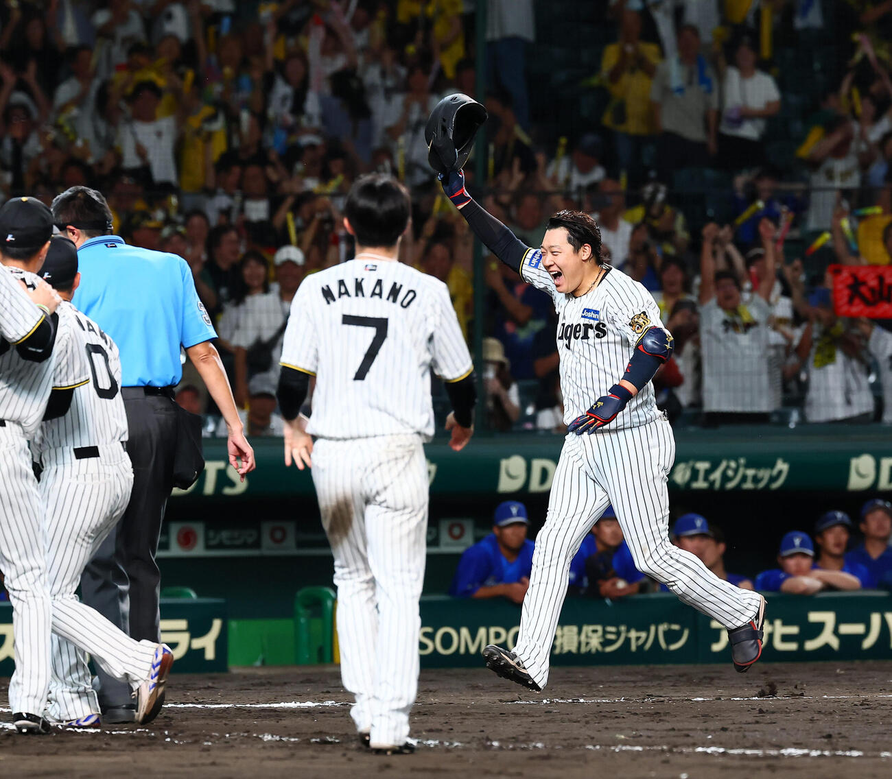 阪神対DeNA 11回裏阪神1死、大山悠輔は左越えサヨナラ本塁打を放ち歓喜の生還（撮影・加藤哉）