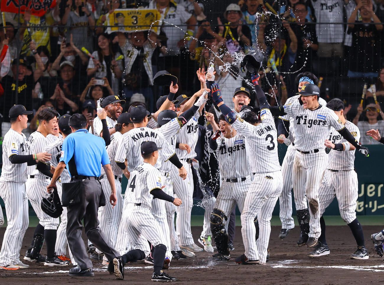阪神対DeNA 11回裏阪神1死、サヨナラ本塁打を放った大山悠輔はウォーターシャワーを浴びながら生還する（撮影・上田博志）