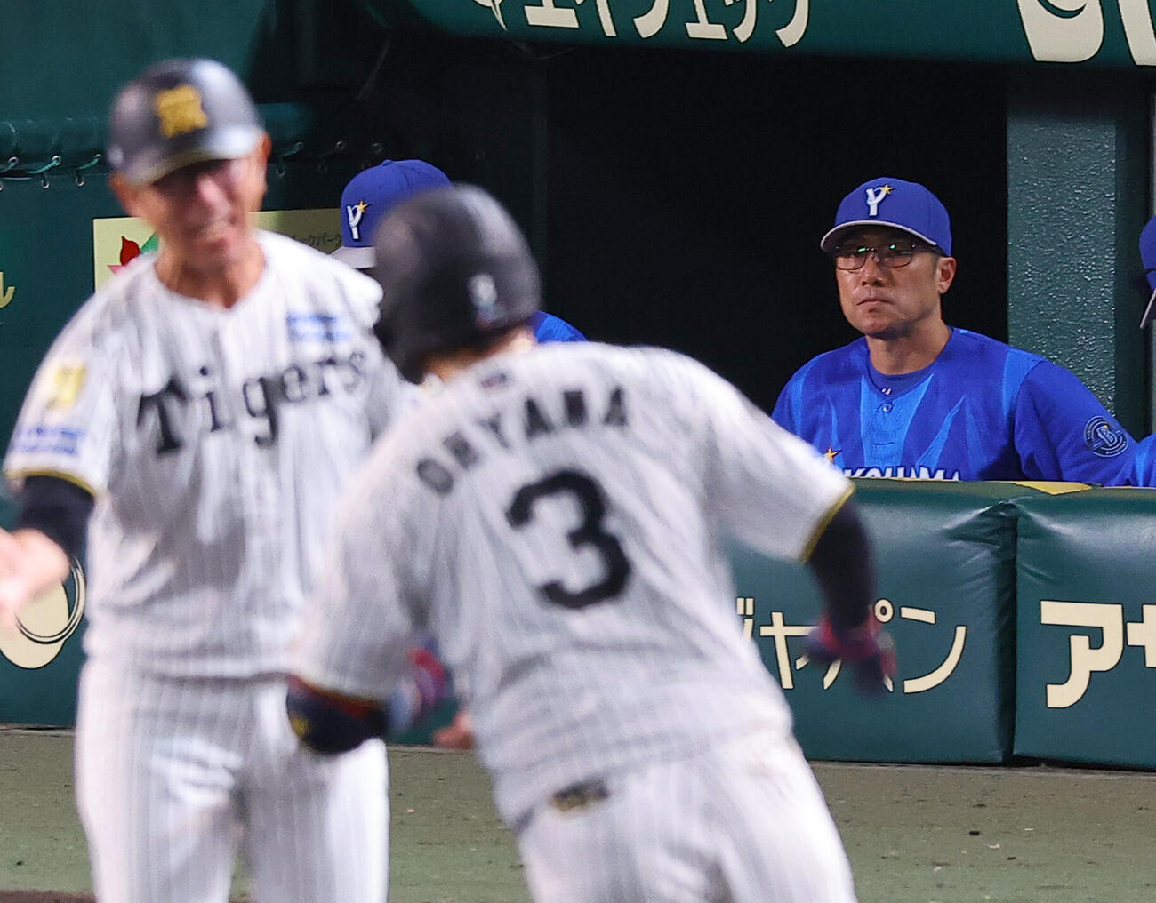 阪神対DeNA 11回裏阪神1死、サヨナラ本塁打を放った大山悠輔（中央）を見守る相川亮二監督（撮影・上田博志）