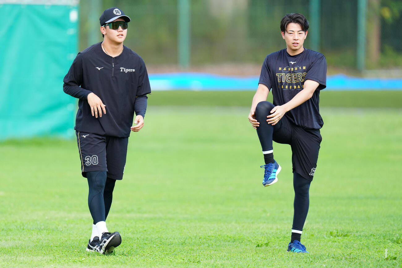 ヤクルト対阪神　試合前練習を行う阪神下村海翔（右）と門別啓人（撮影・江口和貴）